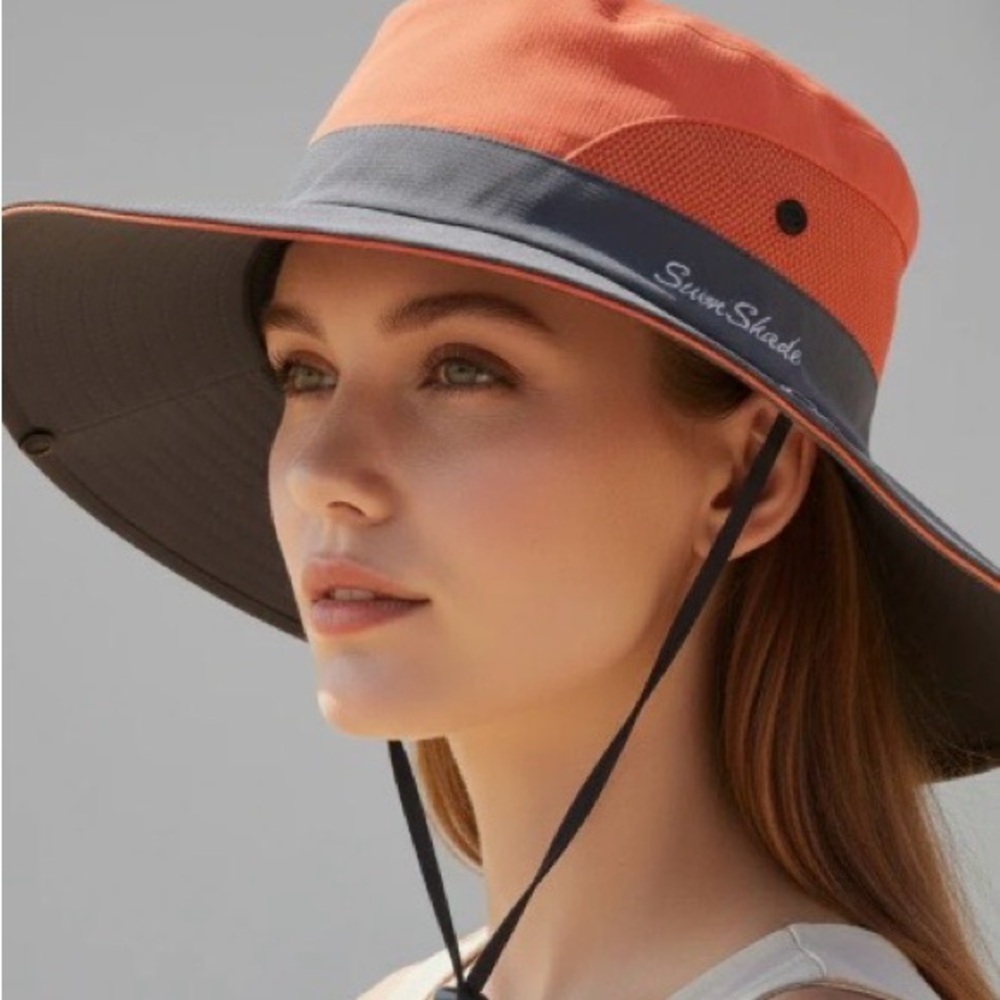 SunShade Women's Wide Brim Orange & Gray Sun Hat with Chin Strap
